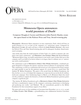 Minnesota Opera Announces World Premiere of Doubt Composer Douglas J