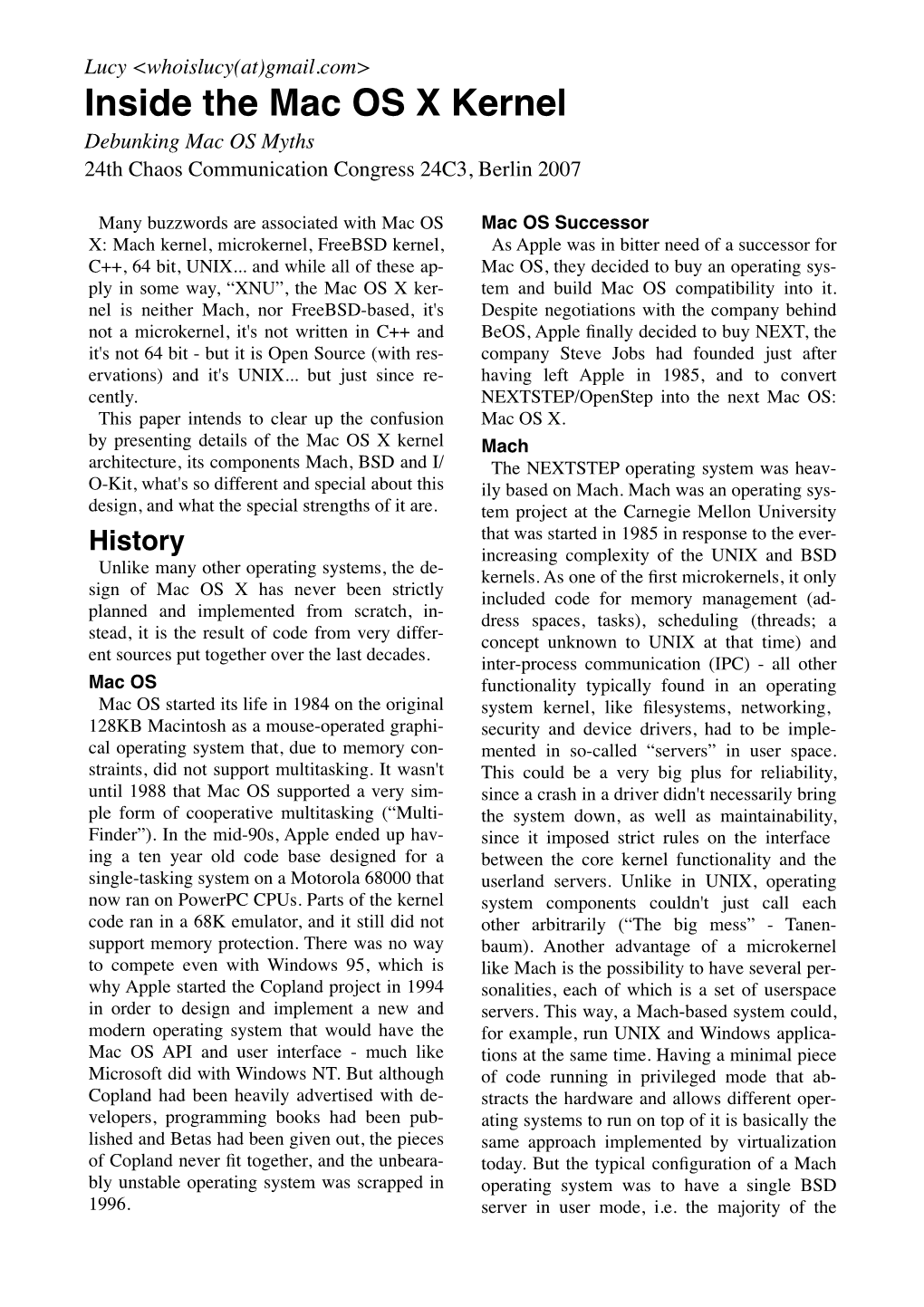 Inside the Mac OS X Kernel Debunking Mac OS Myths 24Th Chaos Communication Congress 24C3, Berlin 2007