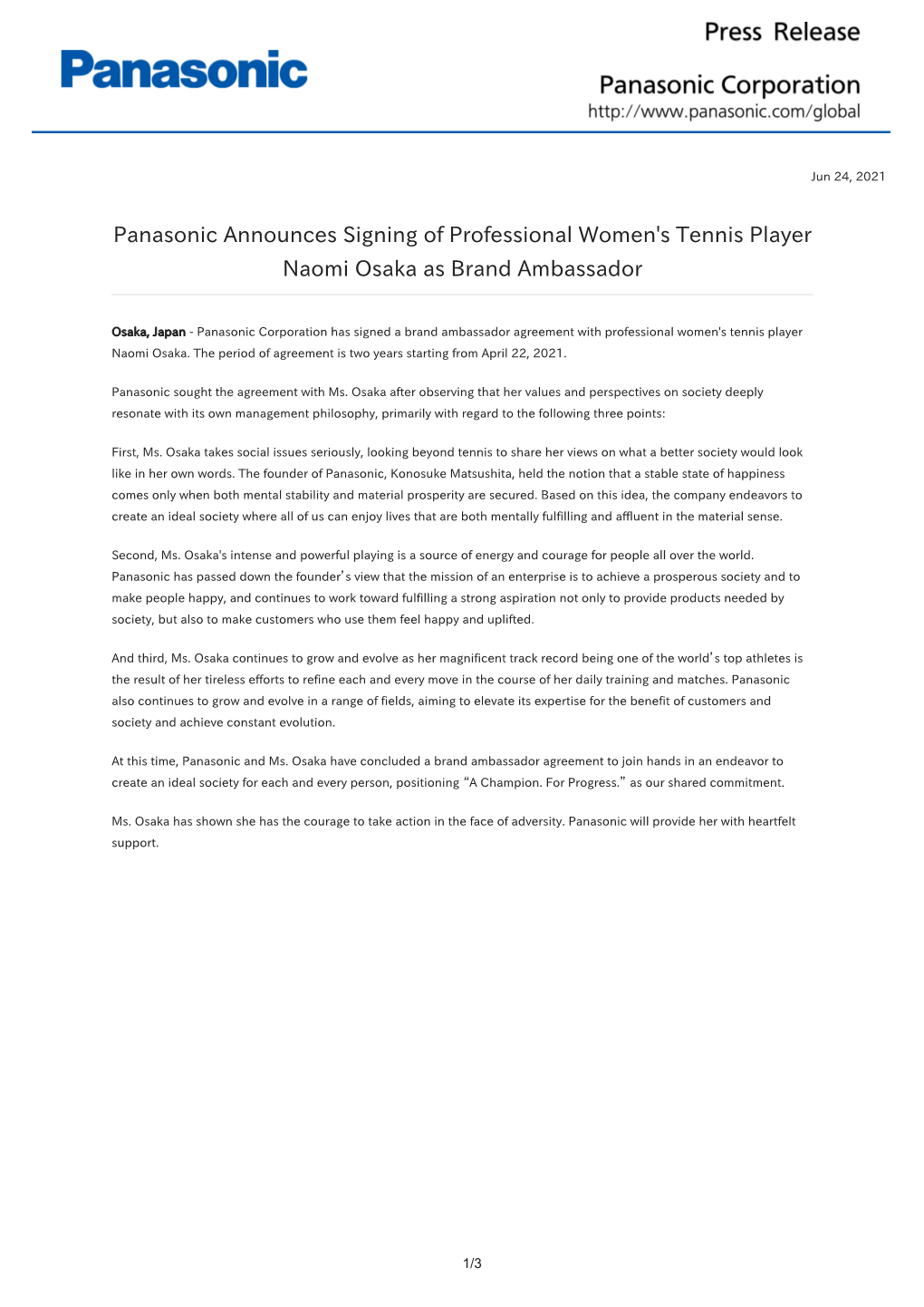 Panasonic Announces Signing of Professional Women's Tennis Player Naomi Osaka As Brand Ambassador