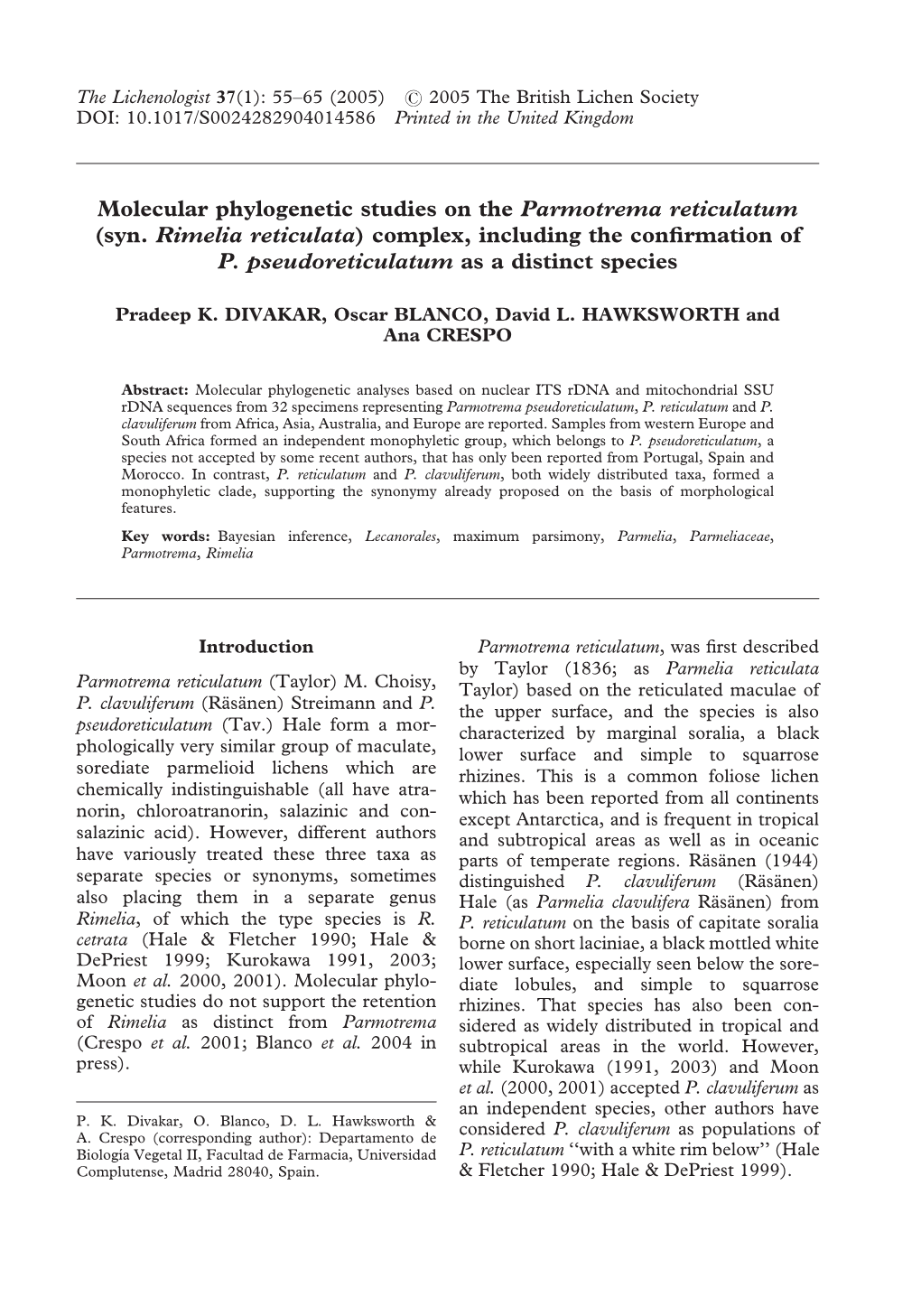 Molecular Phylogenetic Studies on the Parmotrema Reticulatum (Syn