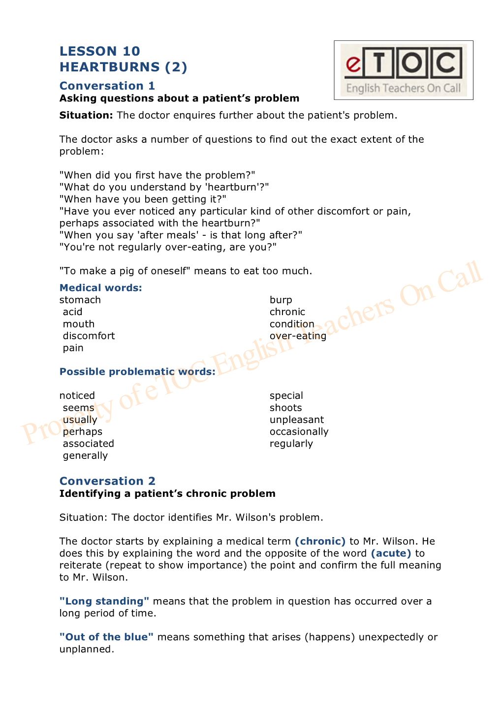 Property of Etoc English Teachers on Call the Human Digestive System Is a Complex Series of Organs and Glands That Processes Food