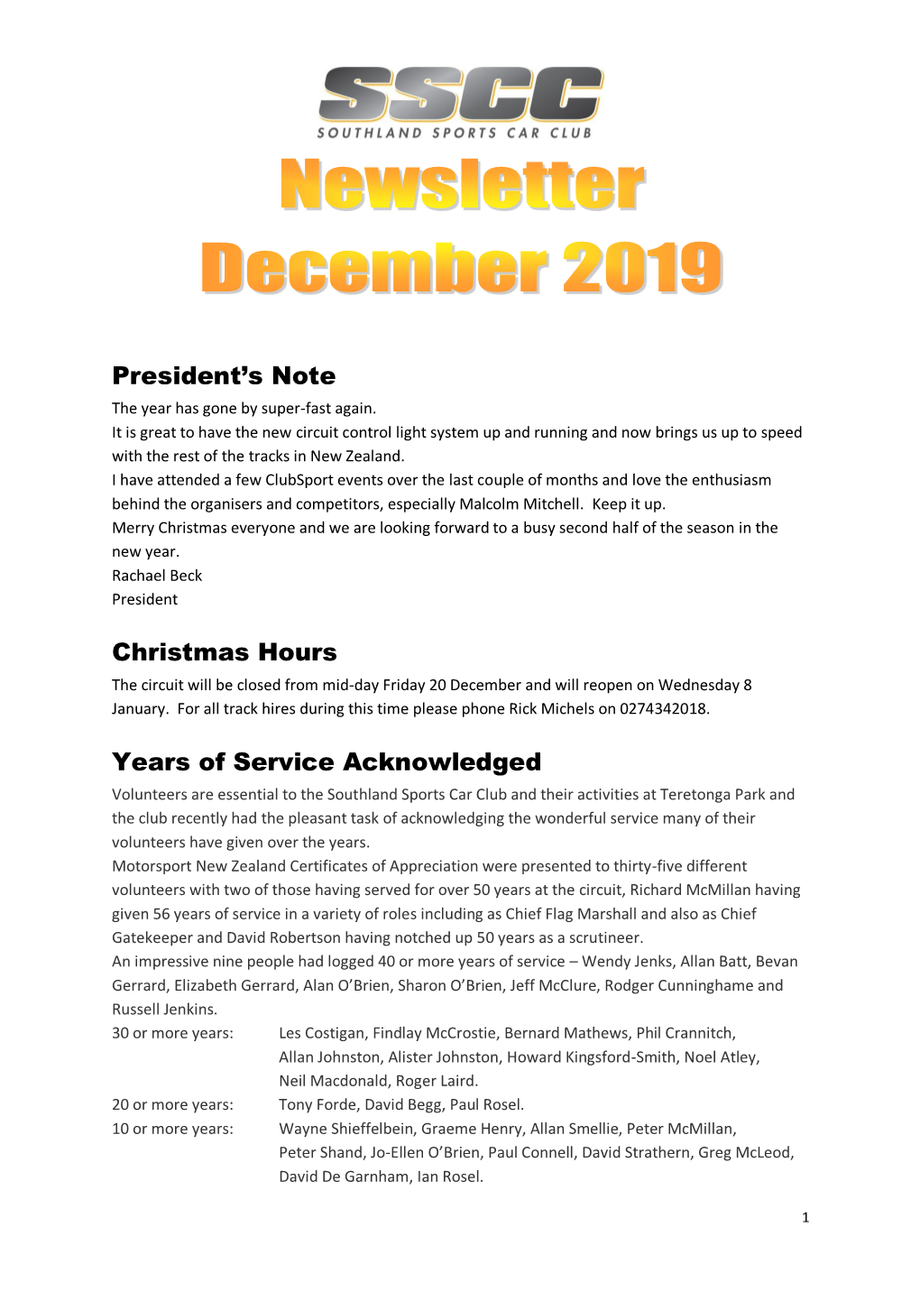 President's Note Christmas Hours Years of Service Acknowledged