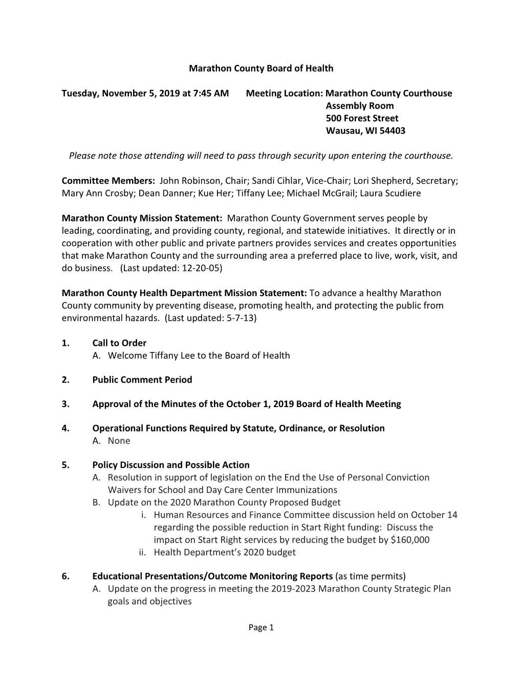 Marathon County Board of Health Tuesday, November 5, 2019 at 7:45