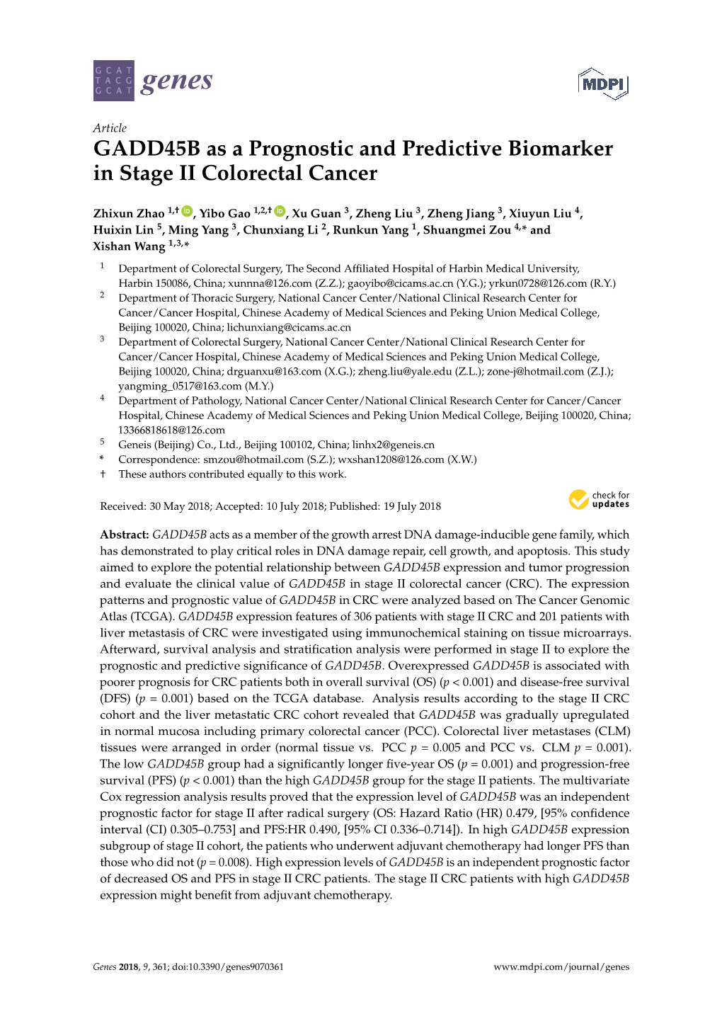 GADD45B As a Prognostic and Predictive Biomarker in Stage II Colorectal Cancer