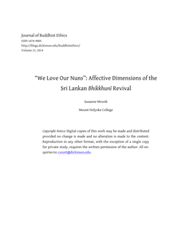 “We Love Our Nuns”: Affective Dimensions of the Sri Lankan Bhikkhunī Revival