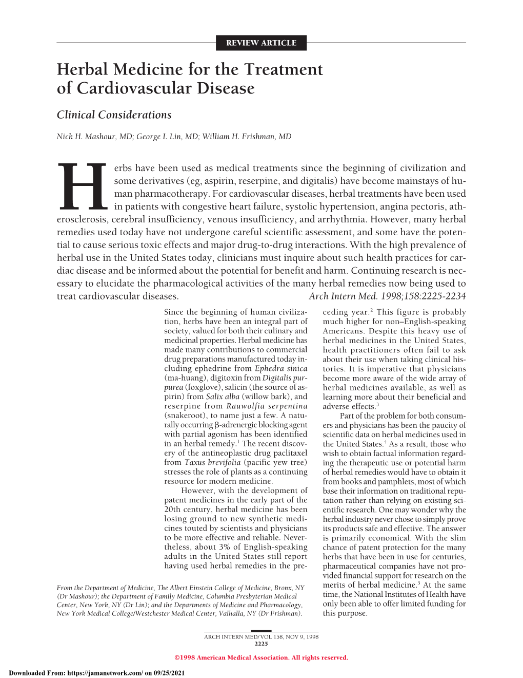 Herbal Medicine for the Treatment of Cardiovascular Disease Clinical Considerations