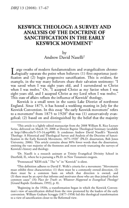 Keswick Theology: a Survey and Analysis of the Doctrine of Sanctification in the Early Keswick Movement1