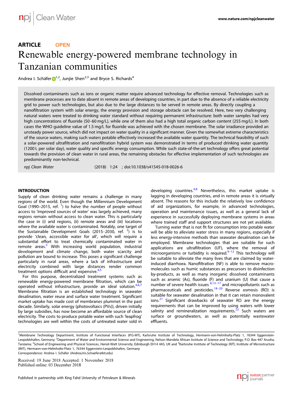 Renewable Energy-Powered Membrane Technology in Tanzanian Communities