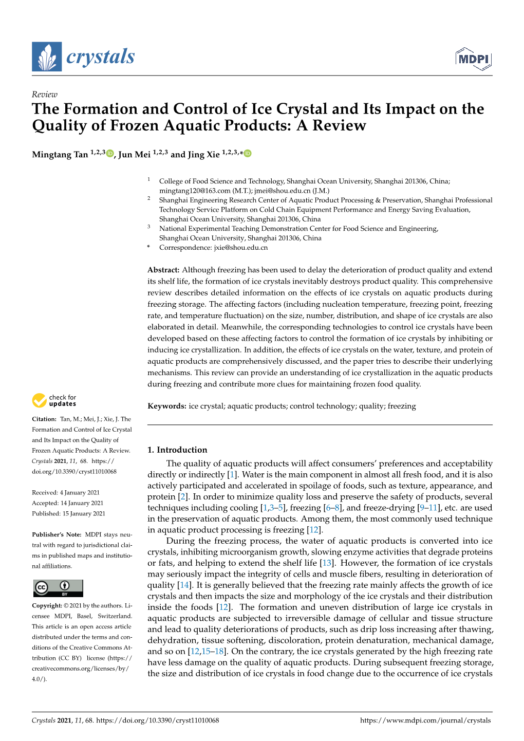 The Formation and Control of Ice Crystal and Its Impact on the Quality of Frozen Aquatic Products: a Review