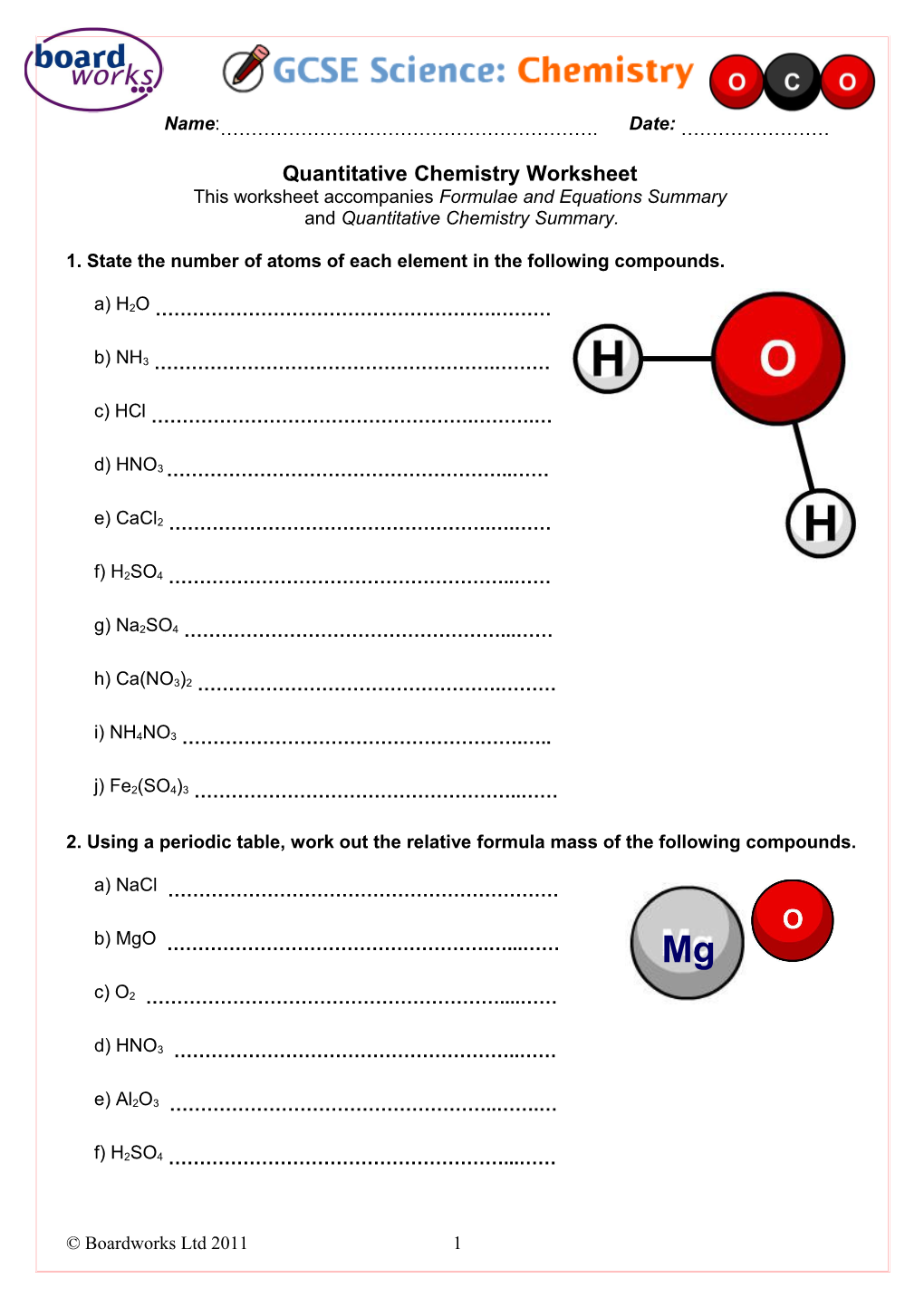 Quantitative Chemistry Worksheet