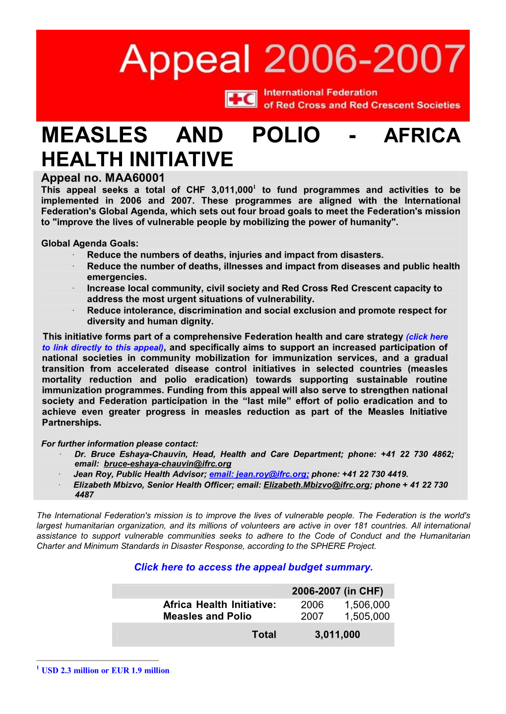 MEASLES and POLIO - AFRICA HEALTH INITIATIVE Appeal No