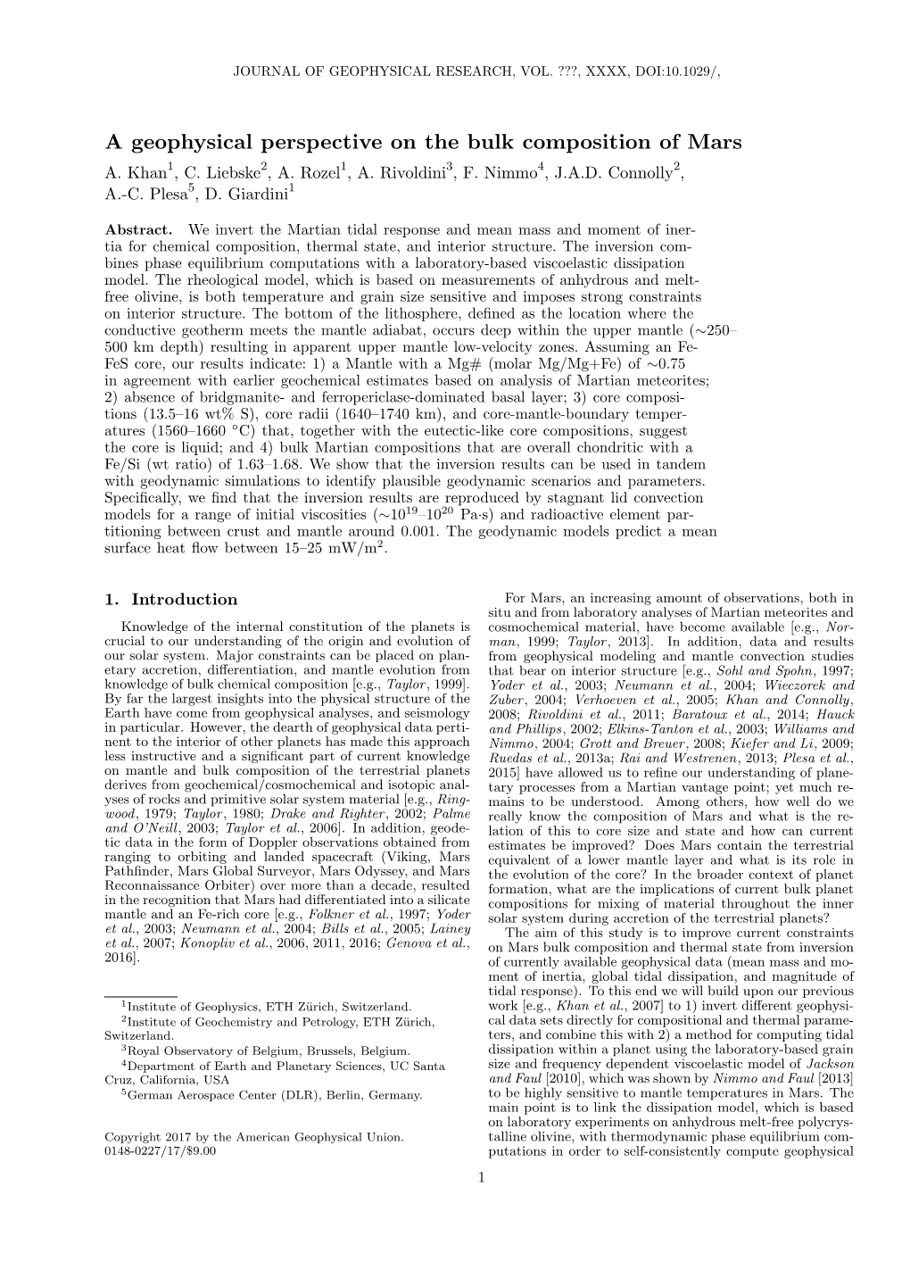 A Geophysical Perspective on the Bulk Composition of Mars A