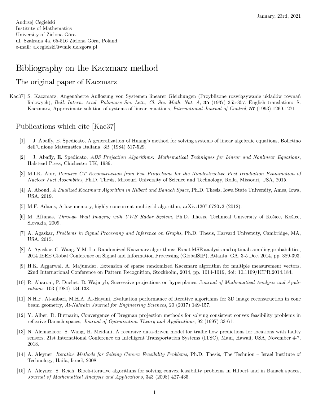 Bibliography on the Kaczmarz Method the Original Paper of Kaczmarz