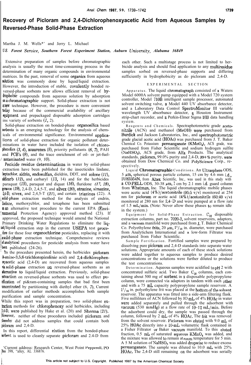 Recovery of Picloram and 2,4-Dichlorophenoxyacetic Acid from Aqueous Samples by Reversed-Phase Solid-Phase Extraction