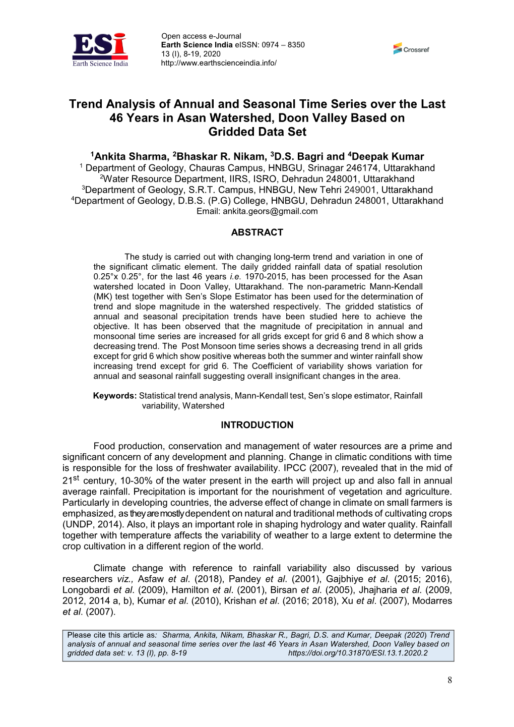 Trend Analysis of Annual and Seasonal Time Series Over the Last 46 Years in Asan Watershed, Doon Valley Based on Gridded Data Set