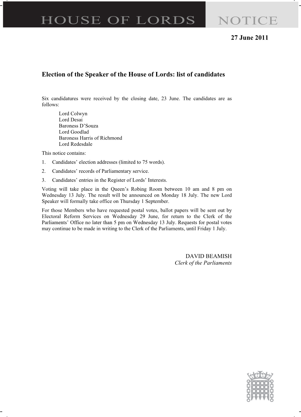 Election of the Speaker of the House of Lords: List of Candidates