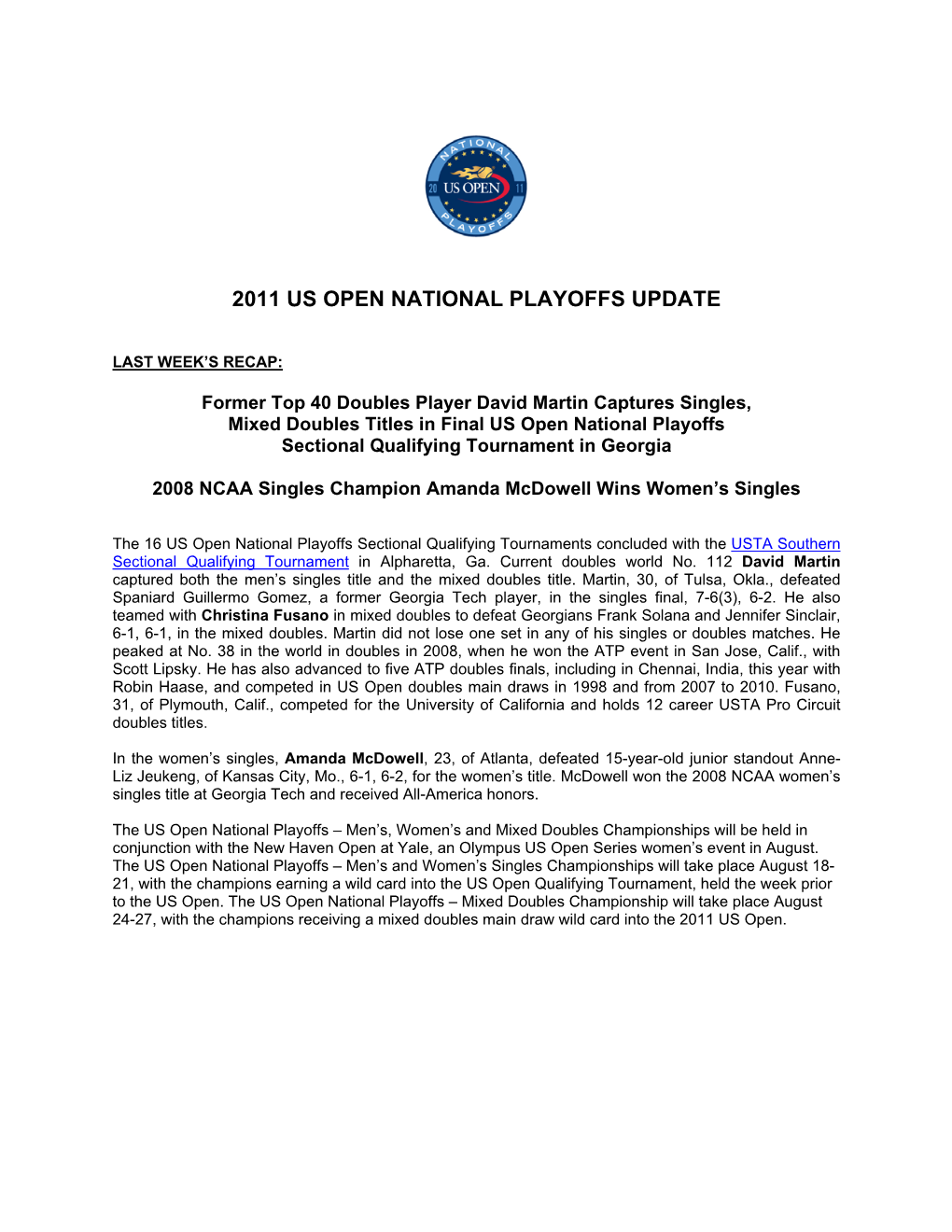 2011 Us Open National Playoffs Update