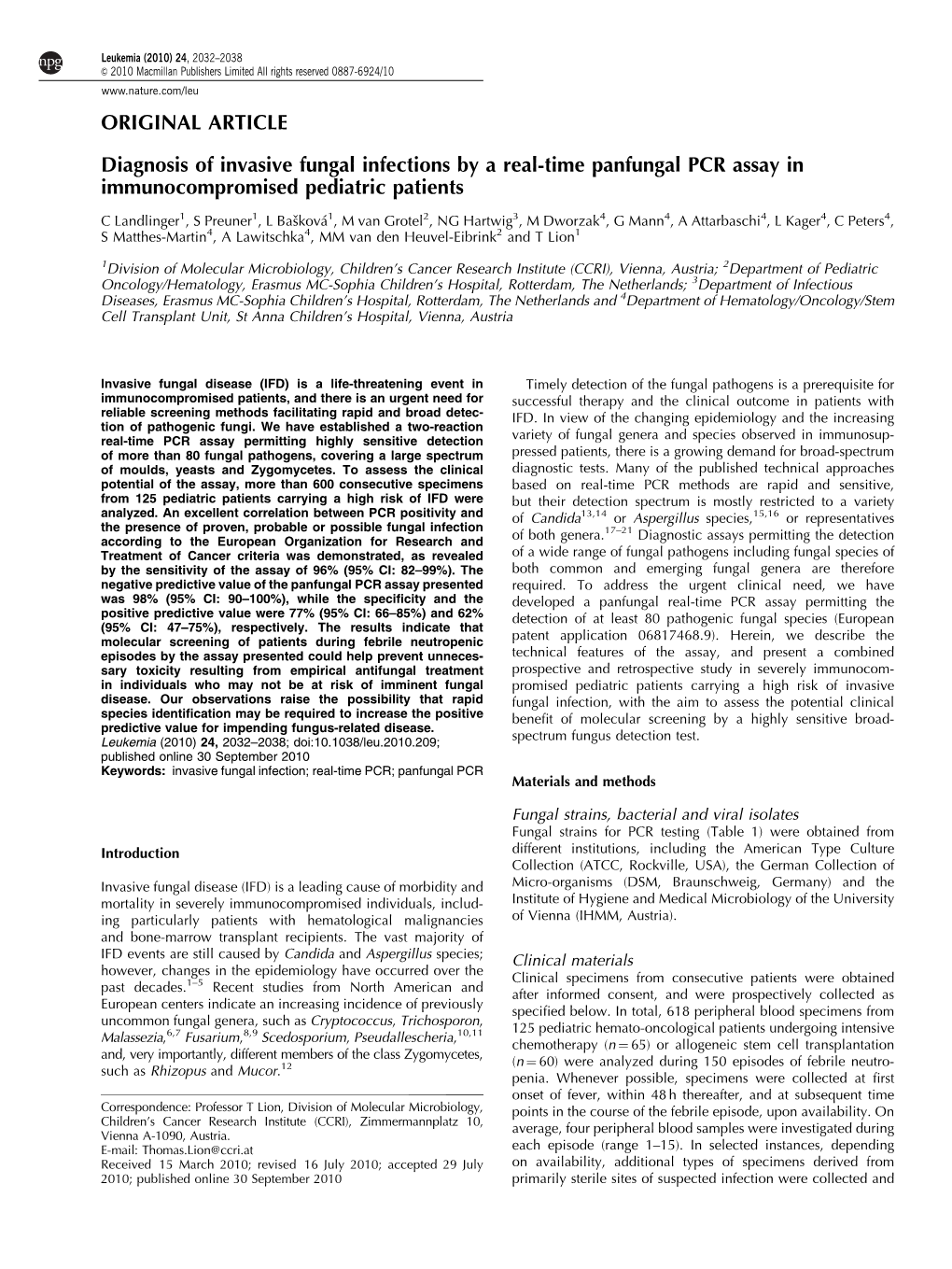 Diagnosis of Invasive Fungal Infections by a Real-Time Panfungal PCR Assay in Immunocompromised Pediatric Patients