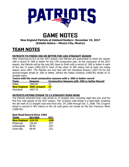 Patriots at Philadelphia Game Notes