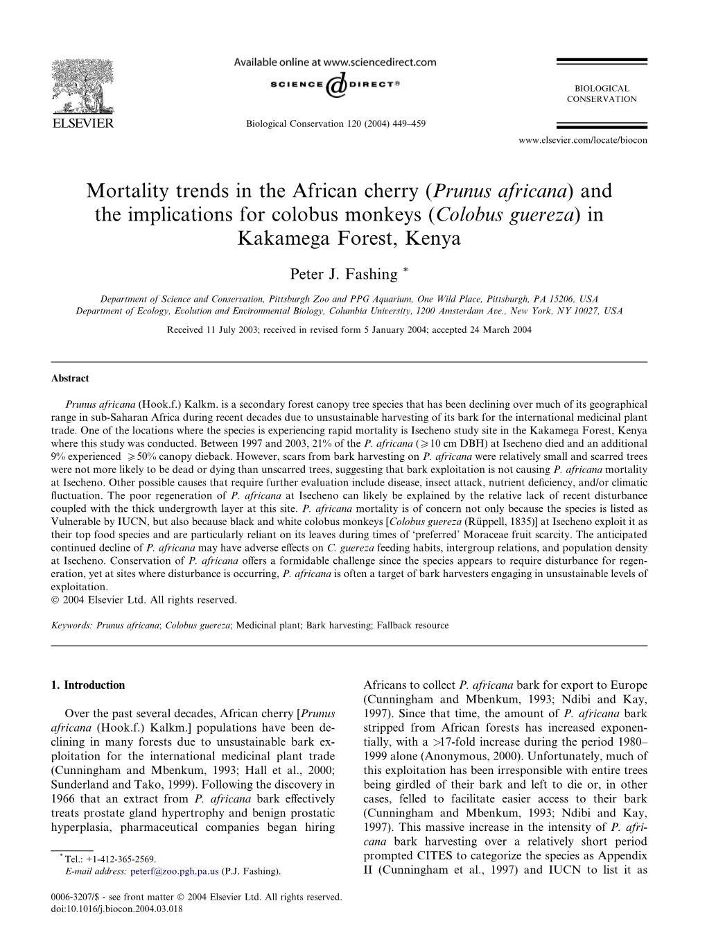 Mortality Trends in the African Cherry (Prunus Africana) and the Implications for Colobus Monkeys (Colobus Guereza)In Kakamega Forest, Kenya