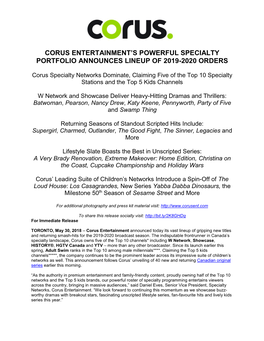 Corus Entertainment's Powerful Specialty Portfolio Announces Lineup of 2019-2020 Orders