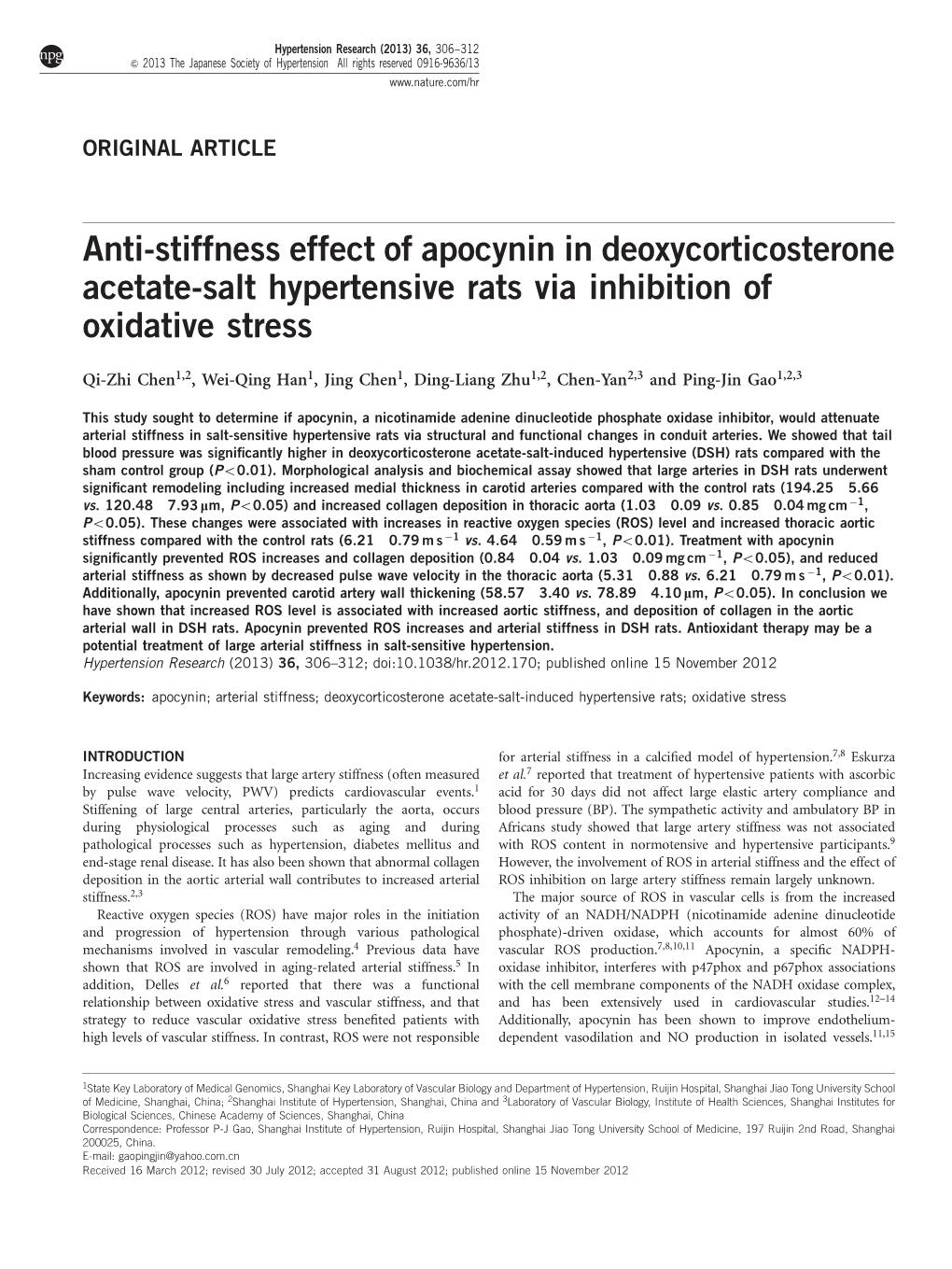 Anti-Stiffness Effect of Apocynin in Deoxycorticosterone Acetate-Salt Hypertensive Rats Via Inhibition of Oxidative Stress