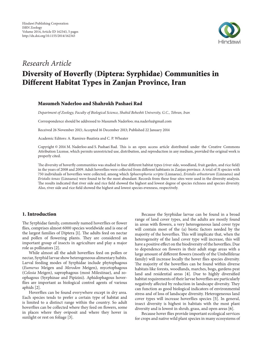 Research Article Diversity of Hoverfly (Diptera: Syrphidae) Communities in Different Habitat Types in Zanjan Province, Iran