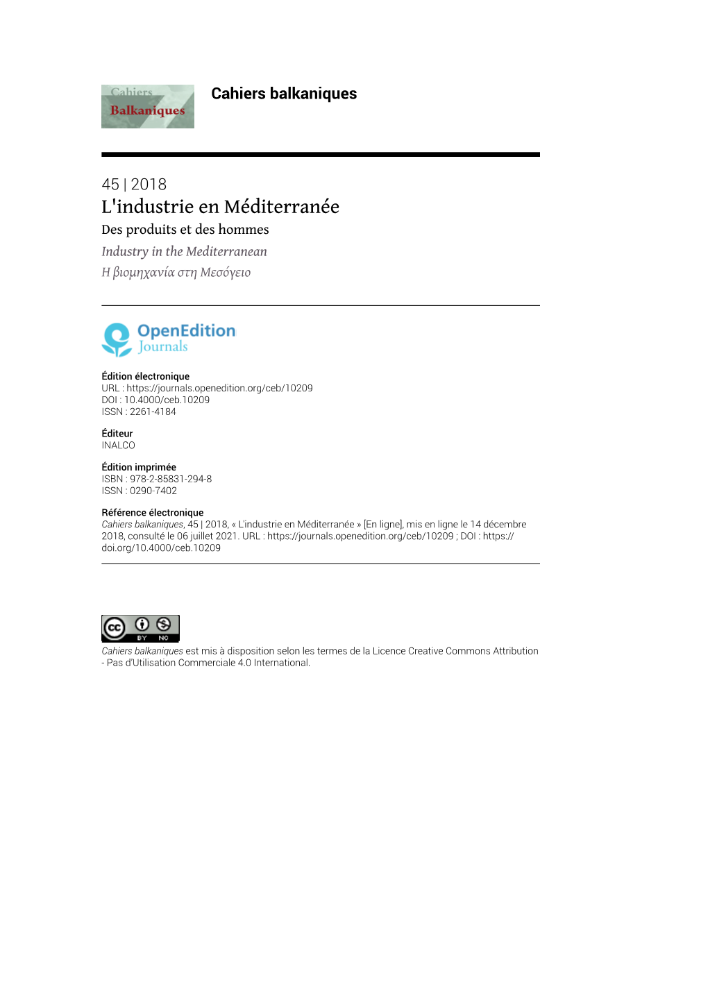 L'industrie En Méditerranée Des Produits Et Des Hommes Industry in the Mediterranean Η Βιομηχανία Στη Μεσόγειο