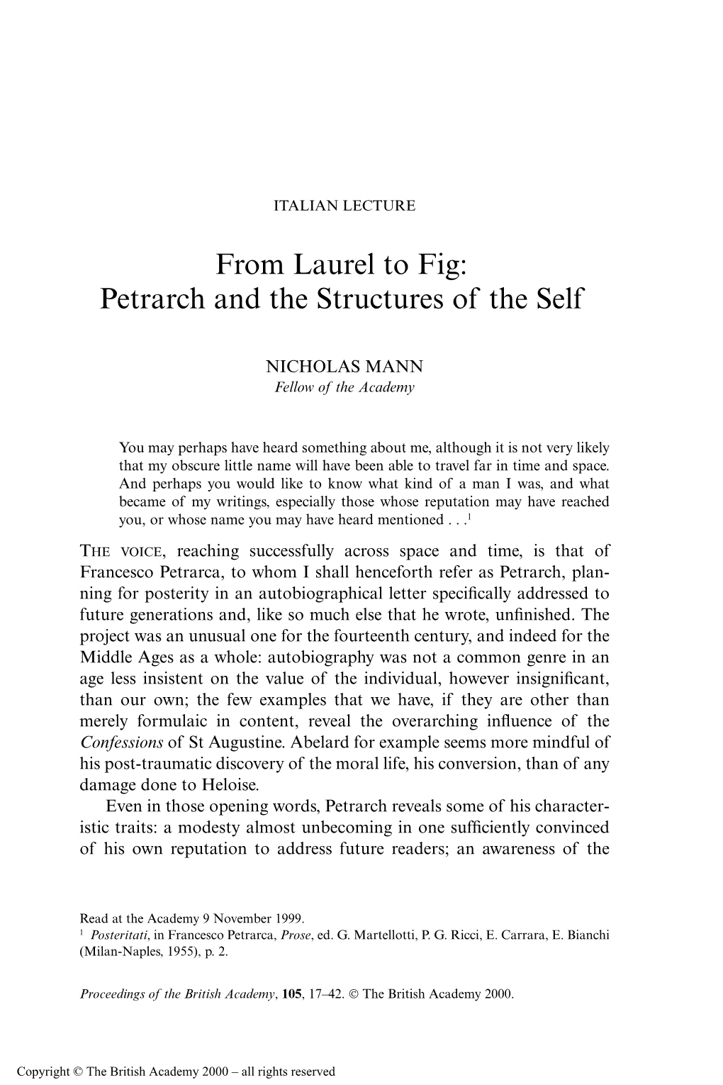 From Laurel to Fig: Petrarch and the Structures of the Self