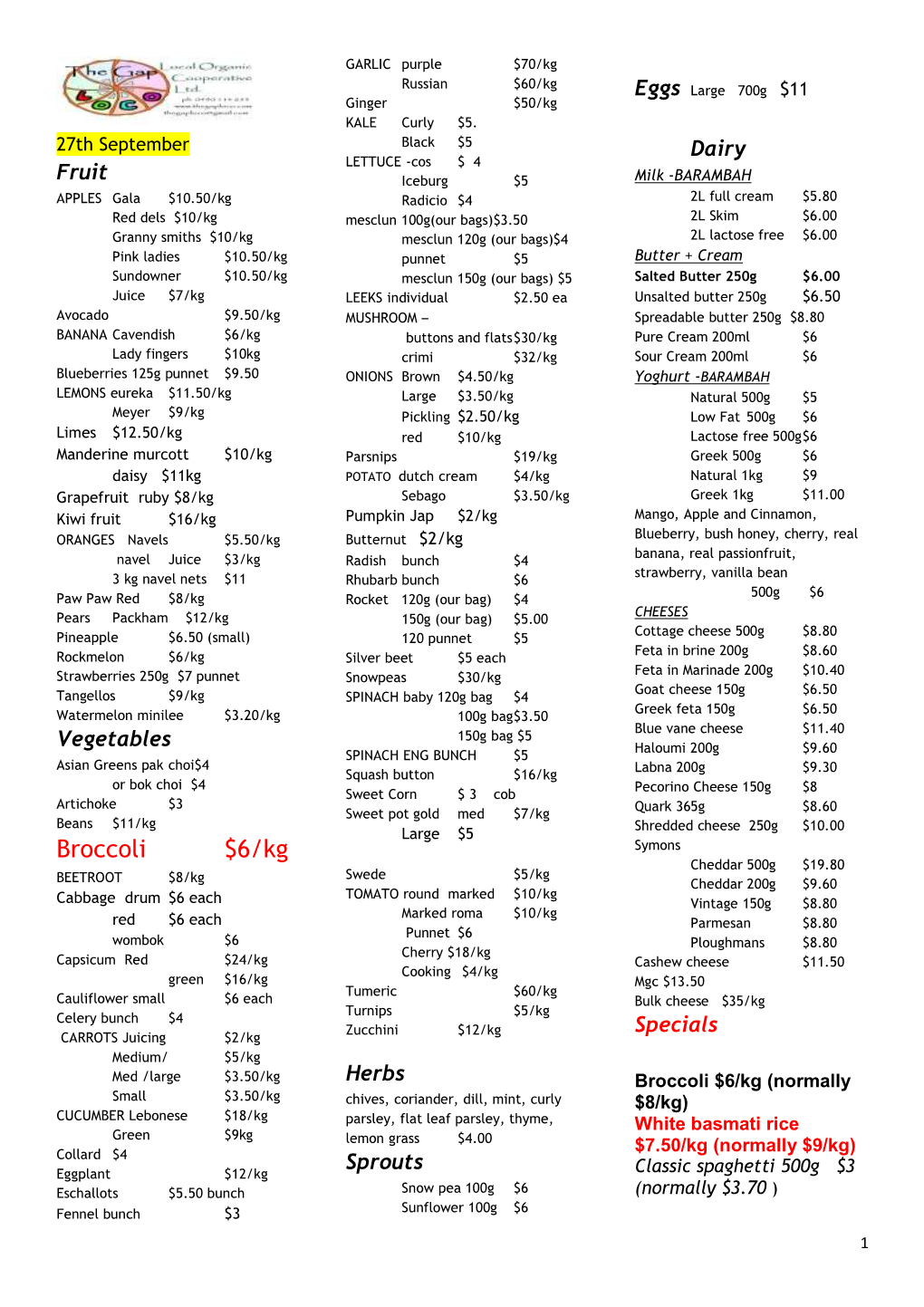 Fruit Vegetables Herbs Sprouts Dairy Specials