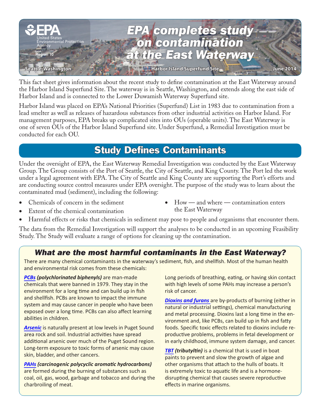 Fact Sheet: EPA Completes Study on Contamination at the East Waterway