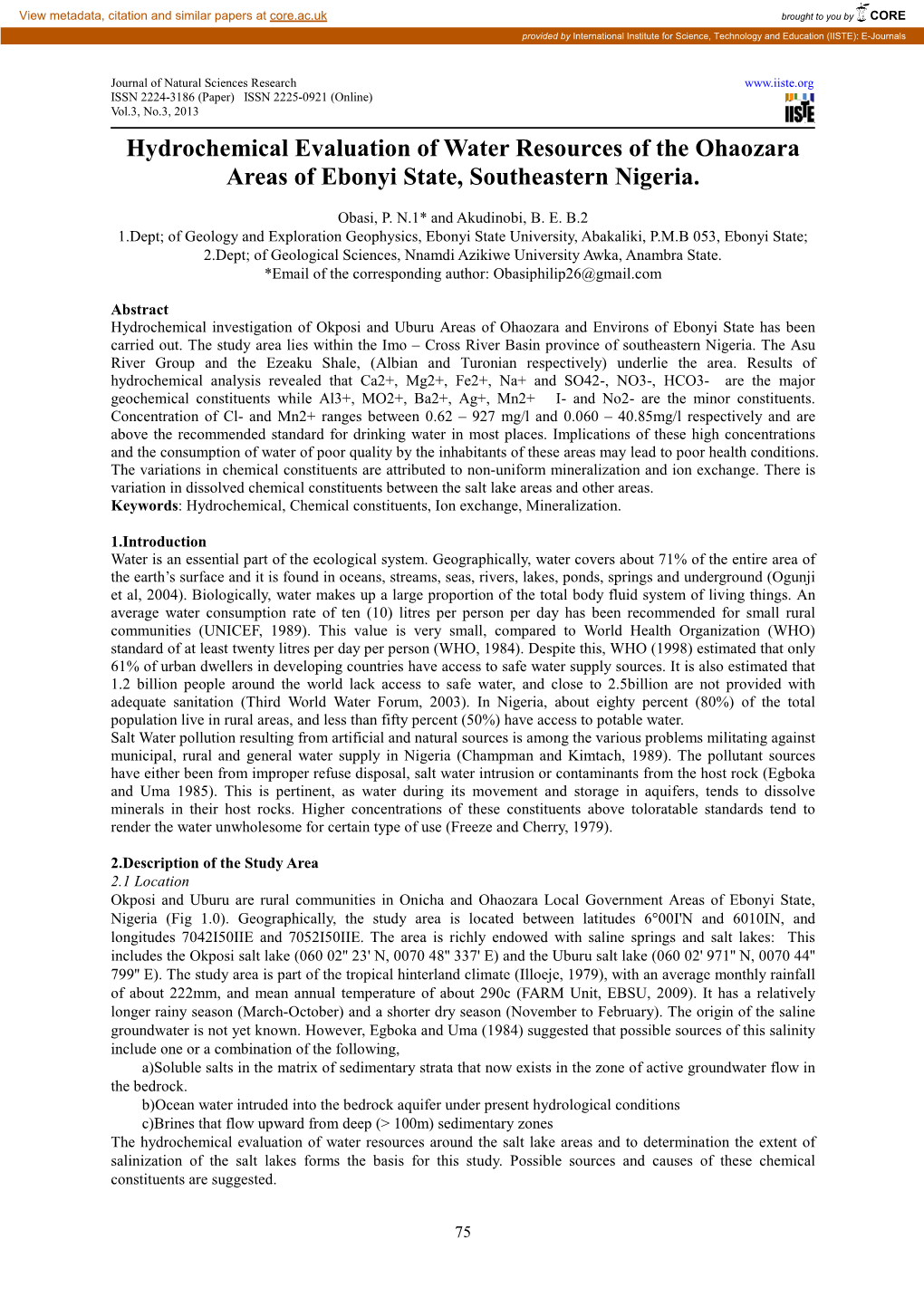 Hydrochemical Evaluation of Water Resources of the Ohaozara Areas of Ebonyi State, Southeastern Nigeria