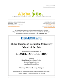 Miller Theatre Opens Jazz Series with LIONEL LOUEKE TRIO, 10/18