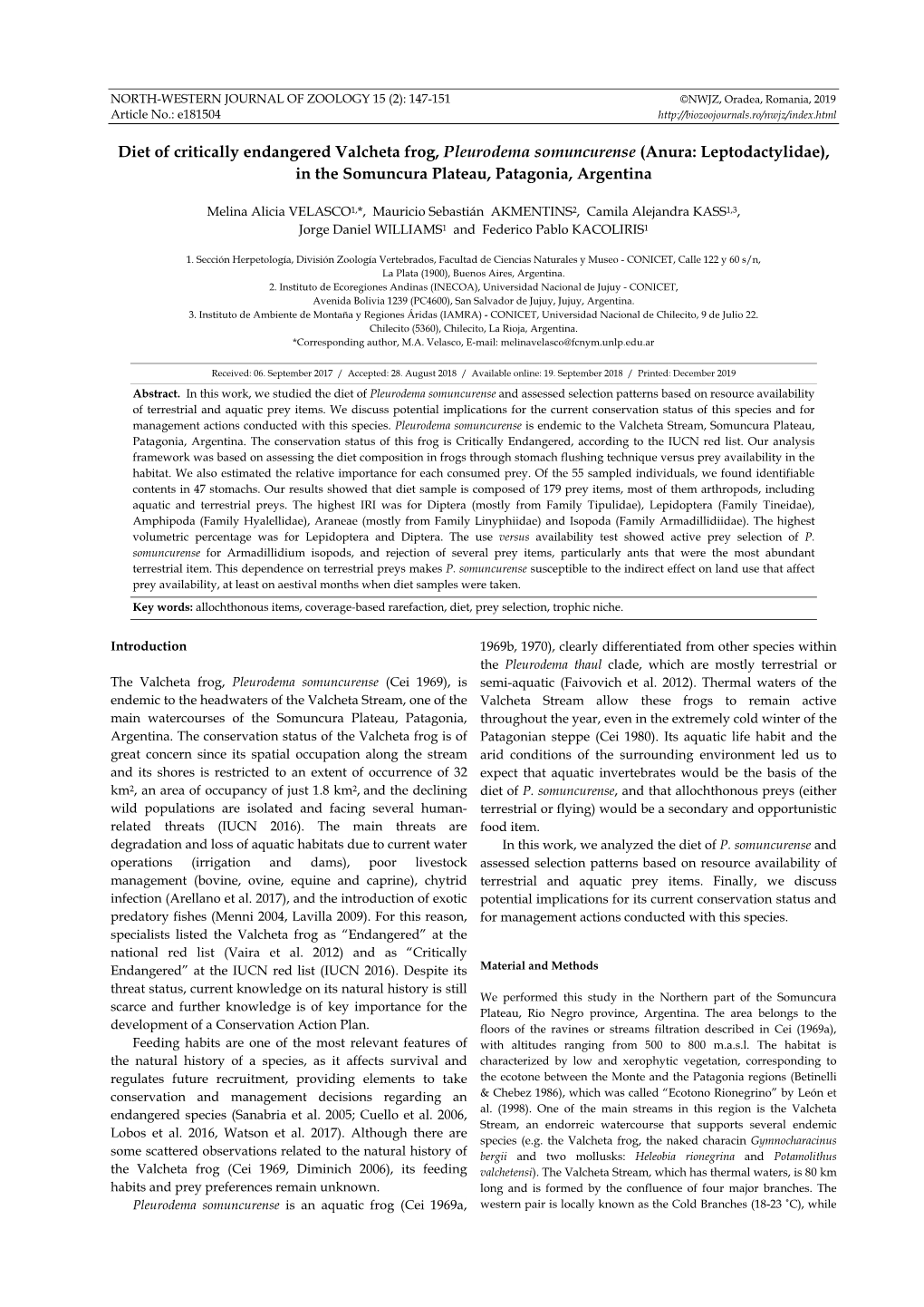 Diet Of Critically Endangered Valcheta Frog, Pleurodema Somuncurense 