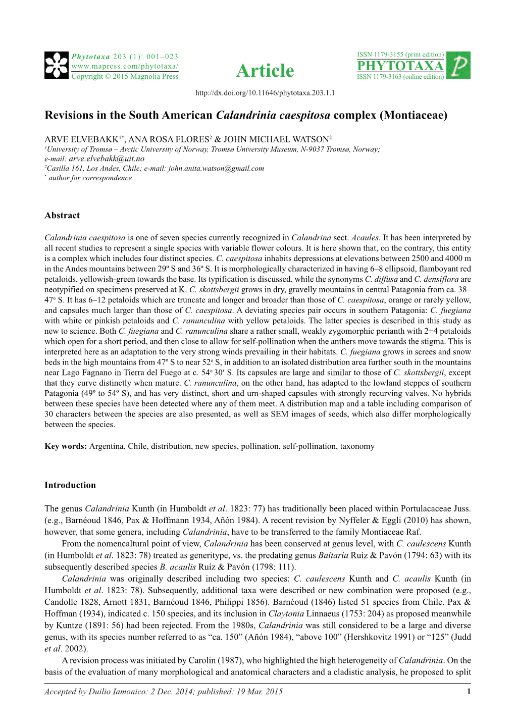 Revisions in the South American Calandrinia Caespitosa Complex (Montiaceae)