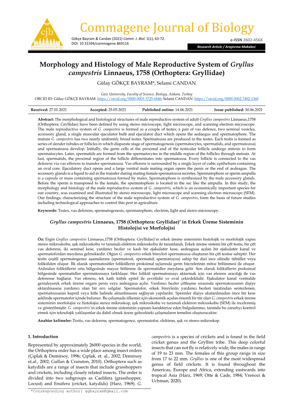 Commagene Journal of Biology Gökçe Bayram & Candan (2021) Comm