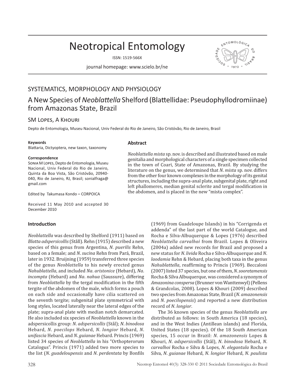 Neotropical Entomology ISSN: 1519-566X Journal Homepage