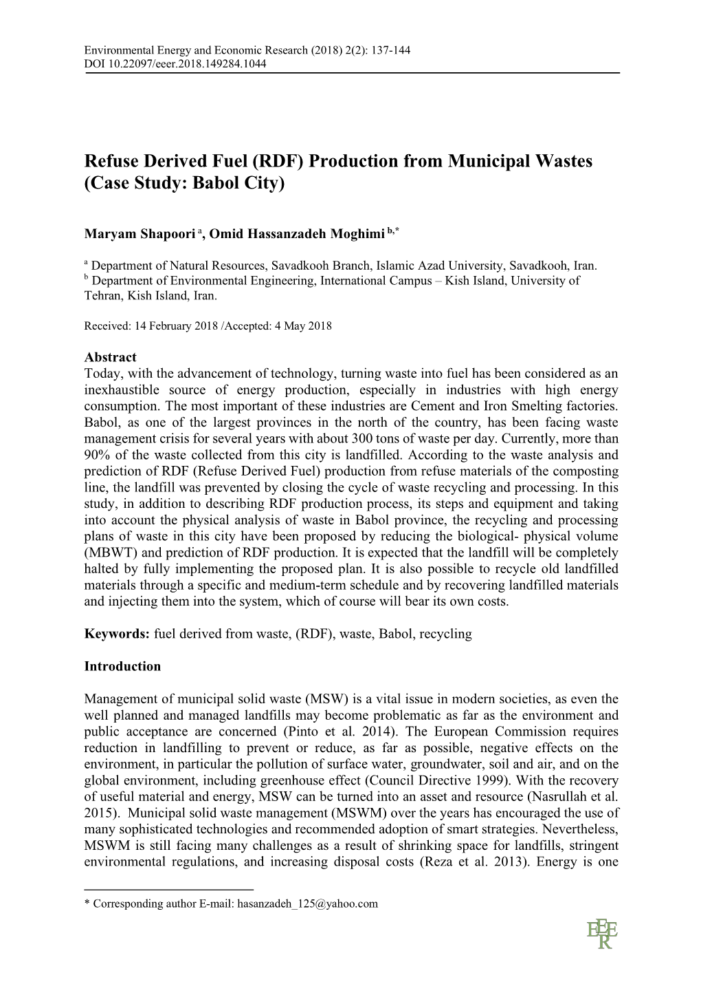 RDF) Production from Municipal Wastes (Case Study: Babol City