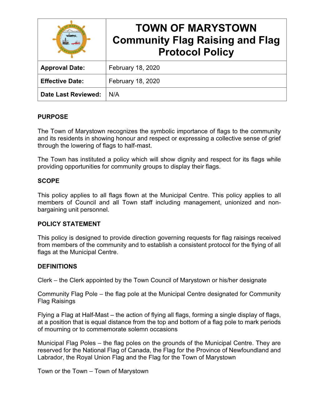 TOWN of MARYSTOWN Community Flag Raising and Flag Protocol Policy