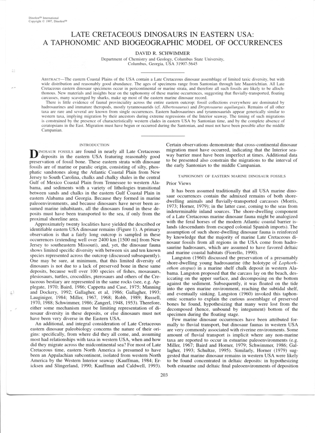 Late Cretaceous Dinosaurs in Eastern USA—A Taphonomic and Biogeographic Model of Occurrences