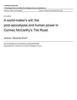 The Post-Apocalypse and Human Power in Cormac Mccarthy's the Road