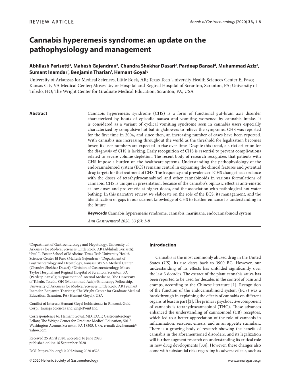 Cannabis Hyperemesis Syndrome: an Update on the Pathophysiology and Management