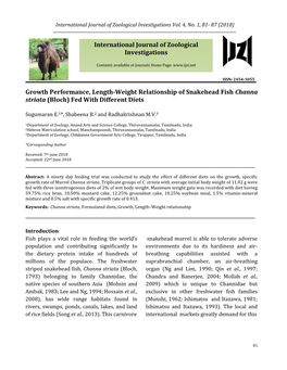 Growth Performance, Length-Weight Relationship of Snakehead Fish Channa Striata (Bloch) Fed with Different Diets