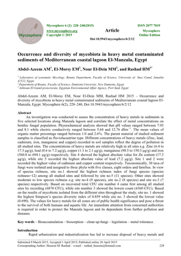 Occurrence and Diversity of Mycobiota in Heavy Metal Contaminated Sediments of Mediterranean Coastal Lagoon El-Manzala, Egypt