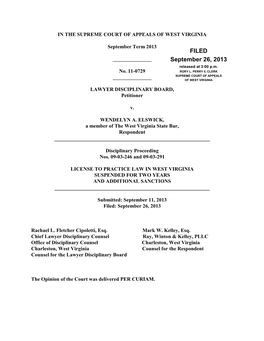 Opinion, Lawyer Disciplinary Board V. Wendelyn A. Elswick, No. 11-0729