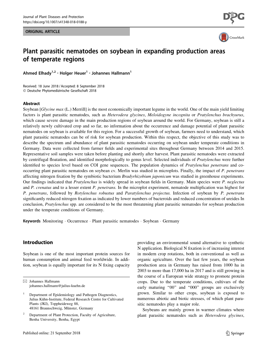 Plant Parasitic Nematodes on Soybean in Expanding Production Areas of Temperate Regions