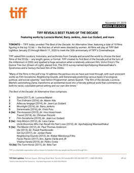 Media Release​. Tiff Reveals Best Films of the Decade
