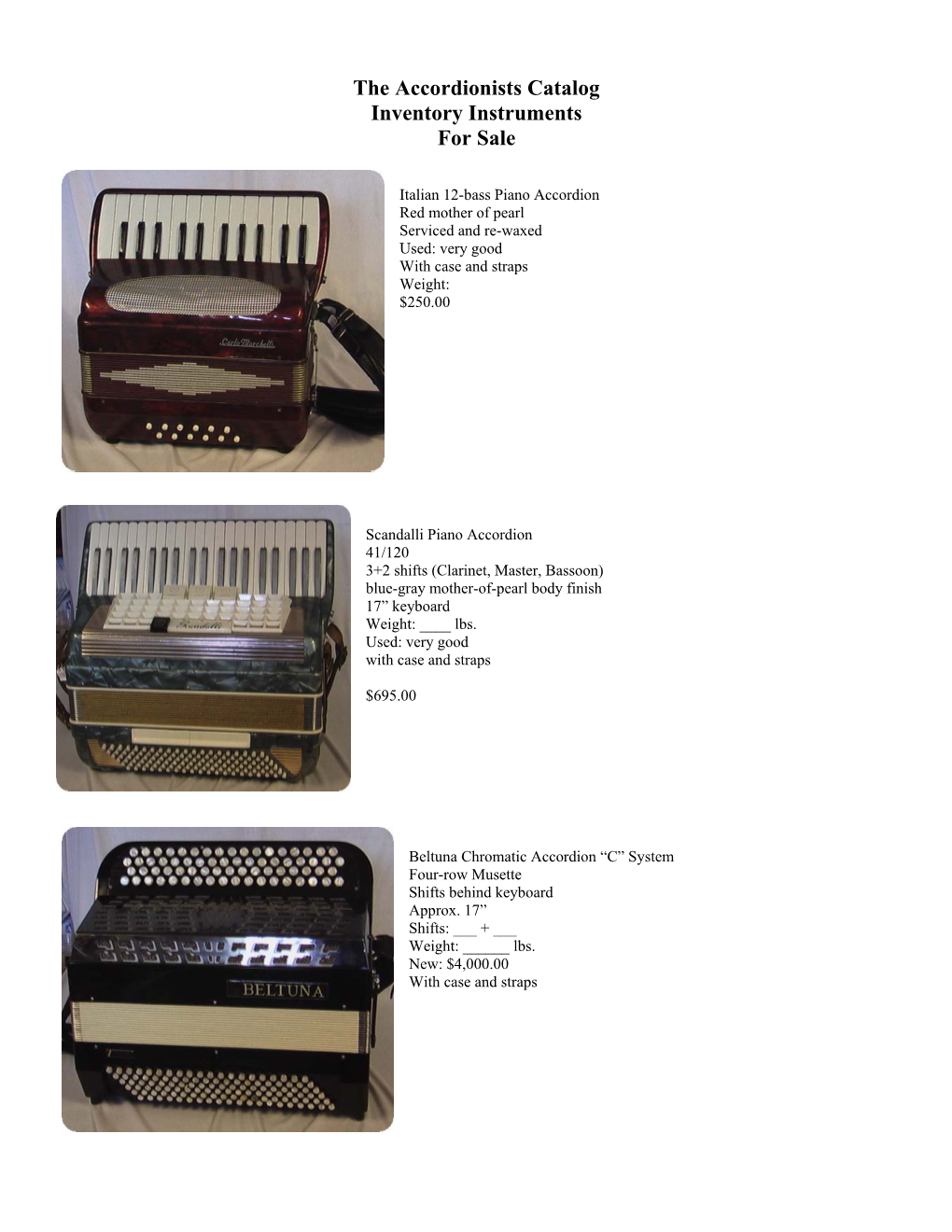 The Accordionists Catalog Inventory Instruments for Sale