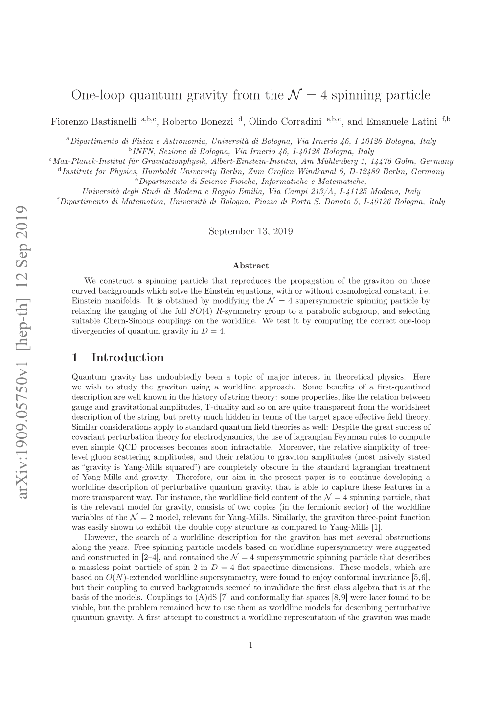 Arxiv:1909.05750V1 [Hep-Th] 12 Sep 2019