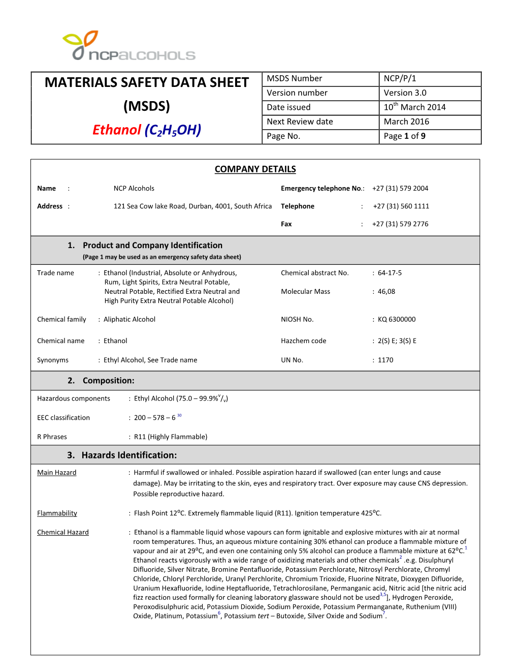 MATERIALS SAFETY DATA SHEET (MSDS) Ethanol (C2H5OH)